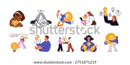 Concept set of people with ideas, insights. Characters with light bulbs thoughts. Searching for, finding a solution. Brainstorm and inspiration. Flat isolated vector illustration on white background