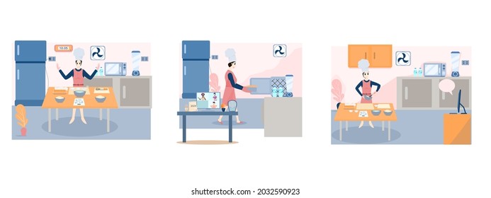 Concept set people making cake, relaxing activity holiday. woman making cake for eating  In the kitchen during the holidays. Vector flat style. Illustration for food, restaurant, quarantine, study 