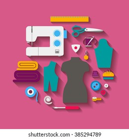 Concept set for sewing with a sewing machine, a mannequin, sewing accessories, with diagonal shadows. Vector illustration
