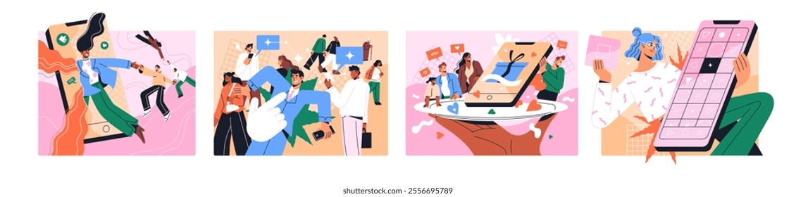 Concept set of SMM. Marketing strategy, targeting advertising, influencing on audience in social media, networks. Online business by blog, creative promotion in the Internet. Flat vector illustration