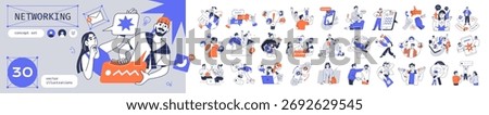 Concept set of social networks. Communication in business team and online remote work. People have contacts, talk by texting and video call. Flat isolated vector illustrations on white background