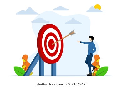 concept of set success goals. Businessman pointing arrow hitting the right target. Successful businessman achieves target. Achieve the target. Flat vector illustration on white background.