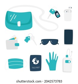 The concept of a set of things for everyday use. To Go. A common part of everyday life. Phone, keys, charger, wallet, mask, glasses. Top view flat vector illustration isolated on white background.