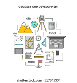 Concept set of tools and devices for surveying and engineering construction, the flat icons, vector illustration