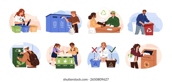 Conjunto de conceitos de triagem de lixo. As pessoas coletam resíduos e os separam para reciclar. Personagens segregam lixo diferente para jogar. Ecologia e coleta de lixo. Ilustrações isoladas planas de vetor em branco