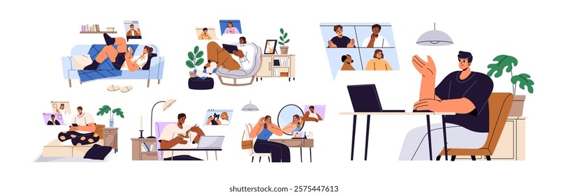 Concept set of video call. Friends talk using videocall. Colleagues are on online business conference. Remote work, distance communication. Flat isolated vector illustrations on white background