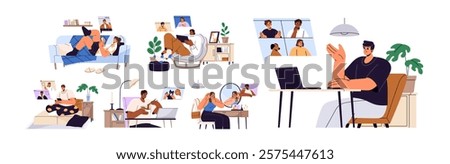 Concept set of video call. Friends talk using videocall. Colleagues are on online business conference. Remote work, distance communication. Flat isolated vector illustrations on white background