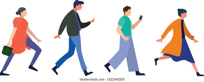 Concept set of young man and woman with smartphone walks down the street. Trendy casual vector illustration. - Vector