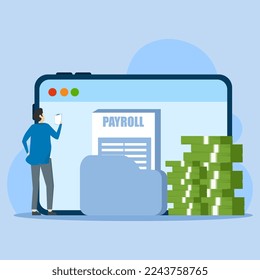 El concepto de establecer la administración financiera. Concepto de contabilidad empresarial, organización y auditoría. Caracteres que calculan y llenan las nóminas y los informes de nómina. Ilustración vectorial.