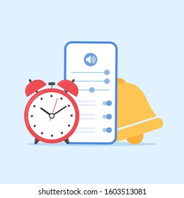 The concept of setting the sound on the mobile phone.Adjusting the volume of the ringtone,alarm, notifications on the screen of the smartphone. Alarm clock in red and a bell.stock vector illustration.