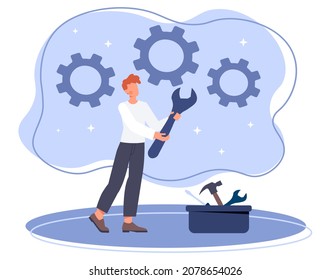 Concept of settings. Man stands with wrench against background of gears. Mechanisms, modern technologies, automation metaphor, resource optimization, efficiency