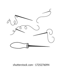 The concept of sewing. Awl and needles. Vector illustration of a drawn isolated sketch. Doodle style, flat design.