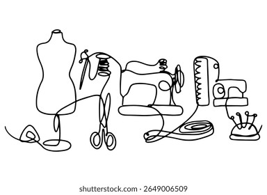 O conceito de um hobby de costura desenhado em estilo de arte de linha com uma linha contínua.