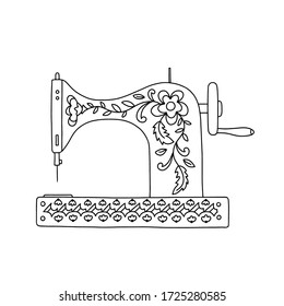 The concept of sewing. Sewing machine decorated with flowers. Vector illustration of a drawn isolated sketch. Doodle style, flat design.