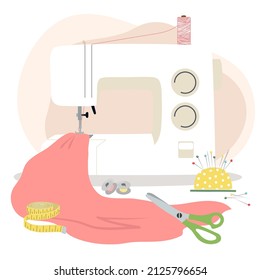 Concept sewing machine with fabric. Design of clothes Vector image isolated on a white background in a flat style.