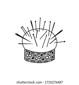 The concept of sewing. Needle box with needles and pins. Vector illustration of a drawn isolated sketch. Doodle style, flat design.