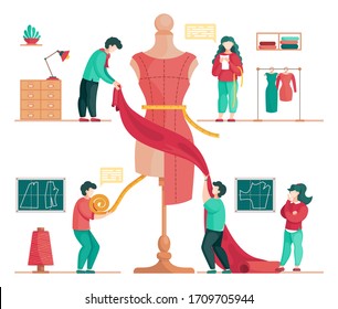 Concept of sewing workshop with designers, men seamstress measuring dress on mannequin. Flat design vector illustration of sewers with textile and measure tape making a red dress in fashion atelier