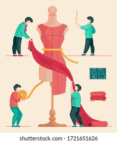 Concept of sewing workshop with designers, men seamstress measuring the dress on the mannequin. Flat design vector illustration of sewers with textile and measure tape making a red dress in atelier.