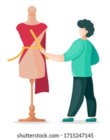 Concept of sewing workshop with man seamstress measuring the dress on the mannequin. Flat design vector illustration of dress making at white background. Designer man with sewing tape near huge model