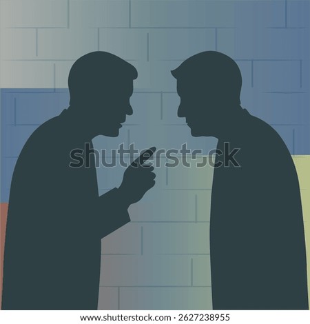 Concept of shadow peace talks in Ukraine. Banner with two silhouettes of men secretly making a deal against a wall in flag colors
