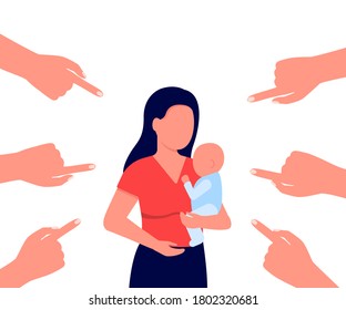 Concept of shame, ridicule, discussion of mom with child. Mother with baby in her arms and pointing fingers. Society criticizes mom. Vector illustration