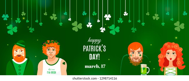 Concept shamrock banner template for St. Patrick's day design. White lettering logo, clover on strings and Irish characters on green background: funny redhead modern Irishmen drinking in pub. Vector