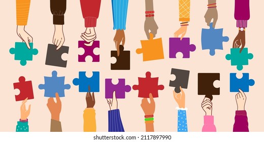 Concept of sharing and Agreement or affair between a group of colleagues or collaborators. Arms and hands holding a jigsaw puzzle piece. Diversity people co-workers who collaborate.