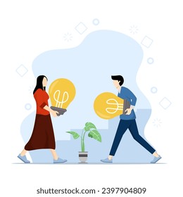 Concepto de compartir ideas de negocio, reunión de colaboración, intercambio de conocimientos, trabajo en equipo o gente que piensa en la misma idea, gente de negocios inteligente, trabajadores de oficina. ilustración vectorial plana.