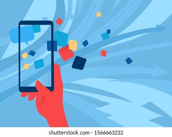Concept of sharing content and information around the world through mobile application. Hand holding smart phone. Vector illustration