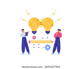 O conceito de compartilhar ideias criativas, soluções, inovações ou inspiração. Ilustração de duas pessoas compartilhando conhecimento. Compartilhando conhecimento e brainstorming. Criatividade. Estilo de design plano