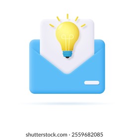 Concept of sharing creative ideas, stories, education. Open postal envelope with document and light bulb. Vector 3D illustration.