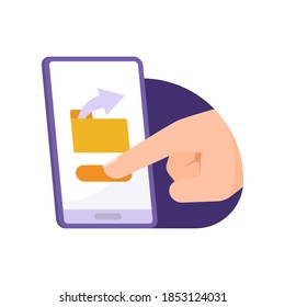 concept of sharing documents or folders, transfer or send files, mobile technology. illustration of a hand or finger pressing a button in a smartphone application. flat style. design elements