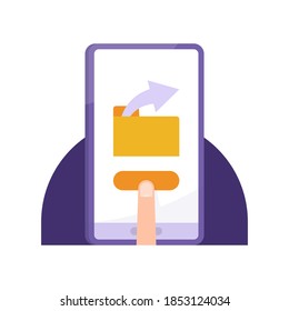 concept of sharing documents or folders, transfer or send files, mobile technology. illustration of a hand or finger pressing a button in a smartphone application. flat style. design elements