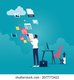 Concept of sharing file to cloud service, businessman send files for business to the cloud storage