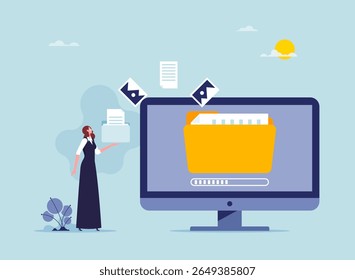Concept of sharing file or transfer folder data. Digital file moving to cloud, employee with folders transfer send files via wireless technology
