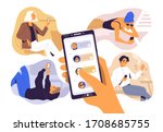 Concept of sharing news, refer friends online. Hand holding smartphone with contacts on screen. Person forwards messages to friends or colleagues. Vector illustration in flat cartoon style