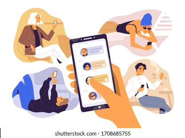 Concept of sharing news, refer friends online. Hand holding smartphone with contacts on screen. Person forwards messages to friends or colleagues. Vector illustration in flat cartoon style