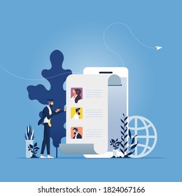 Concept of sharing news, refer friends online. Businessman holding smartphone with contacts on screen. Person forwards messages to friends or colleagues. 
