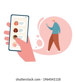 Concept of sharing news, refer friends online. Hand holding smartphone with contacts on screen. Person forwards messages to friends or colleagues. Vector illustration in flat cartoon style.