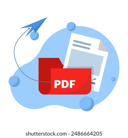 Konzept der Freigabe oder Versendung im PDF-Dateiformat. Dateien vom Computerordner in den Ordner übertragen. PDF-Dokument Dateiübertragung. Dateifreigabe, einfache Elemente, Symbole, Logos, Symbole, Zeichen.