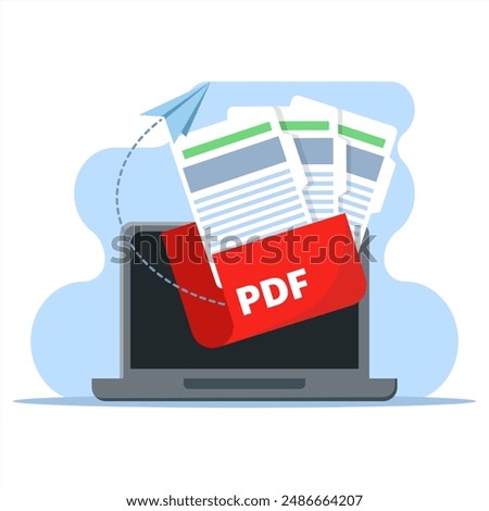 concept of sharing or sending in PDF document file format. Transfer files from computer folder to folder. PDF Document File Transfer. file sharing, simple elements, icons, logos, symbols, signs.