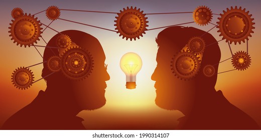 Concept of sharing skills to find a solution, with two men face to face who collaborate to find an idea.