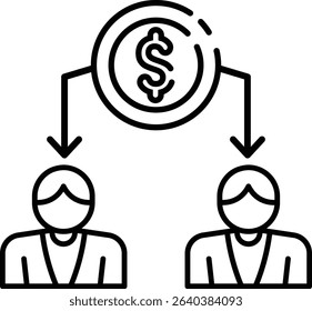 Concept of sharing wealth a coin with a dollar sign shared between two individuals vector icon outline style.
