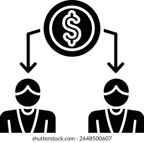 Concept of sharing wealth a coin with a dollar sign shared between two individuals vector icon solid style.
