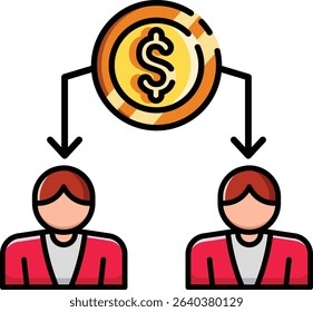 Concept of sharing wealth a golden coin with a dollar sign shared between two individuals vector icon. Suitable for finance and partnership concepts.
