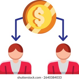 Concept of sharing wealth a golden coin with a dollar sign shared between two individuals vector icon flat style