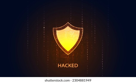 concept shield and hacked binary cyber security online theft protection