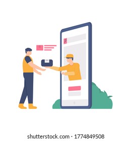 concept of shipping goods or shipping services. illustration of a courier appearing from a smartphone to deliver the package to the customer. flat design. can be used for elements, landing pages, UI