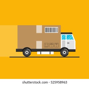 Concept of the shipping service. Delivery truck transporting a big cardboard box. Flat vector illustration.