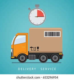 Concept of the shipping service. Delivery truck transporting a big cardboard box. Flat vector illustration.
